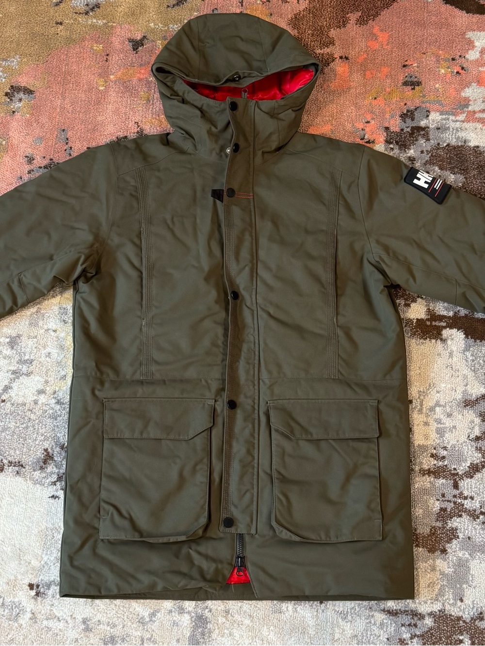 Helly Hansen Olive Green Hooded Puffer Coat with Red Lining
